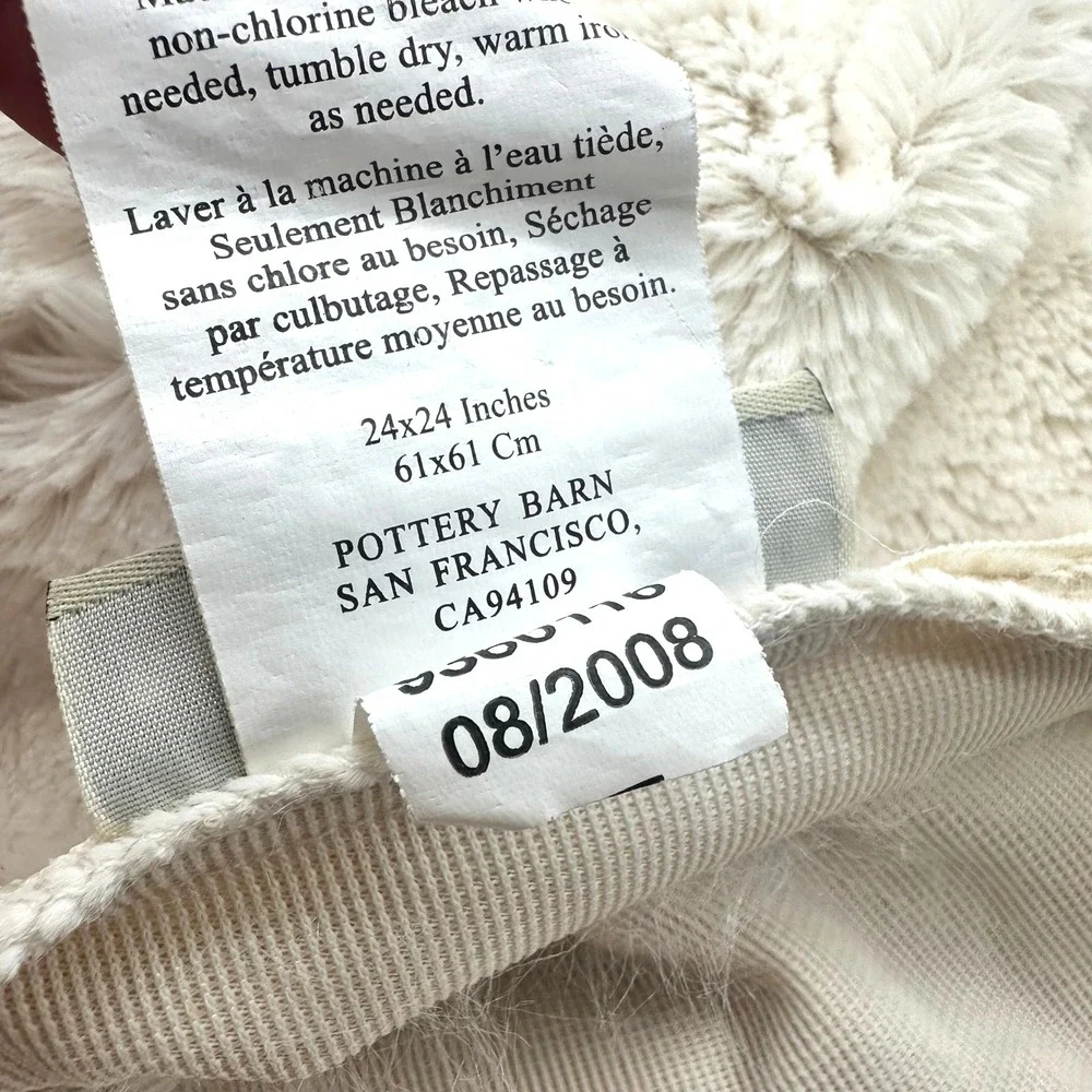 2 Pottery Barn Ivory Faux Fur Square Pillow Cover 24x24 Cream Soft Cozy Plush